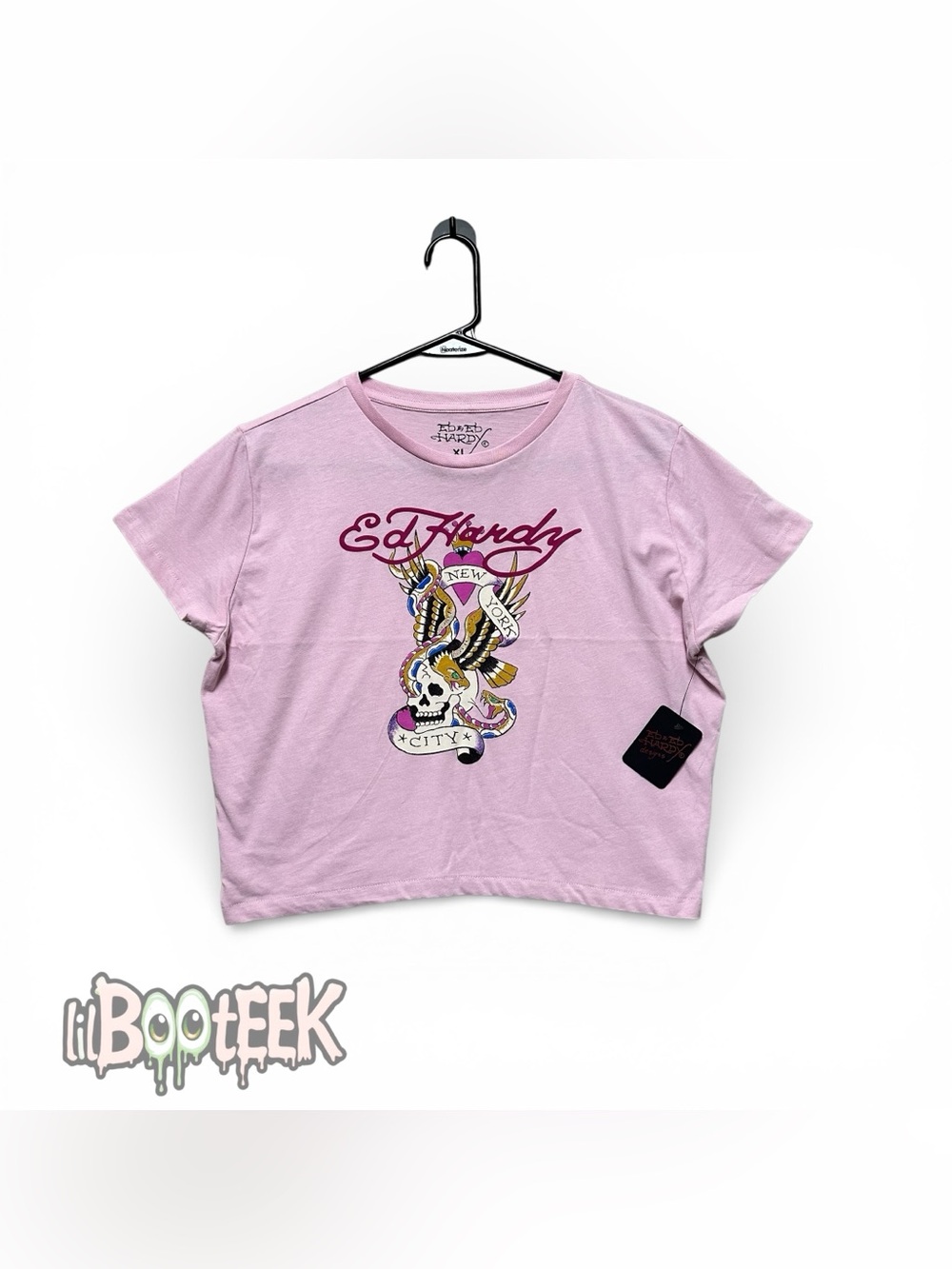 Ladies XL Pink Ed Hardy Crop Top w NYC Snake Skull Eagle Logo NEW Y2K VIRAL